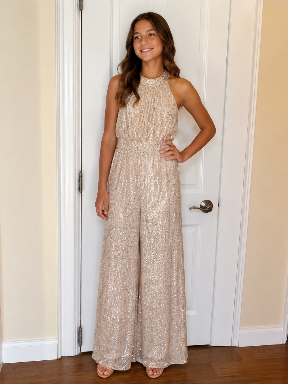 New Girls Champagne Sequin Halter Wide Leg Jumpsuit Formal Party Size 13/14